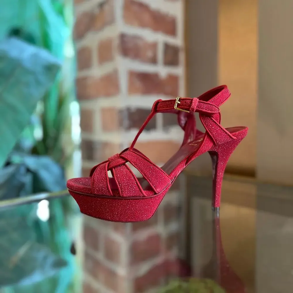 SAINT LAURENT Red Suede Glitter Tribute Heels SZ 36 (US 6) - Picture 1 of 11